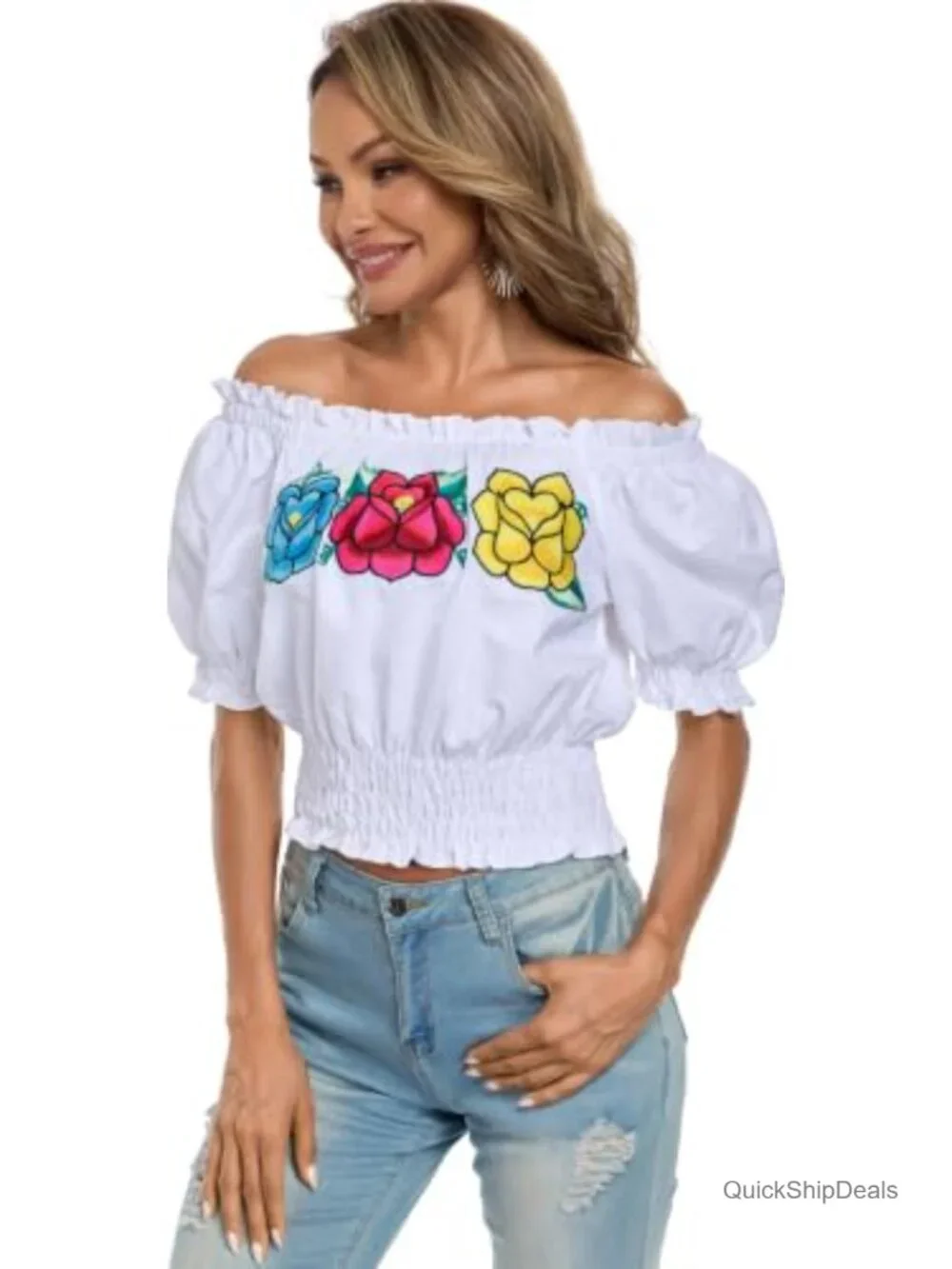 Embroidered Off-Shoulder Blouse Lace Top with Short Puff Sleeves